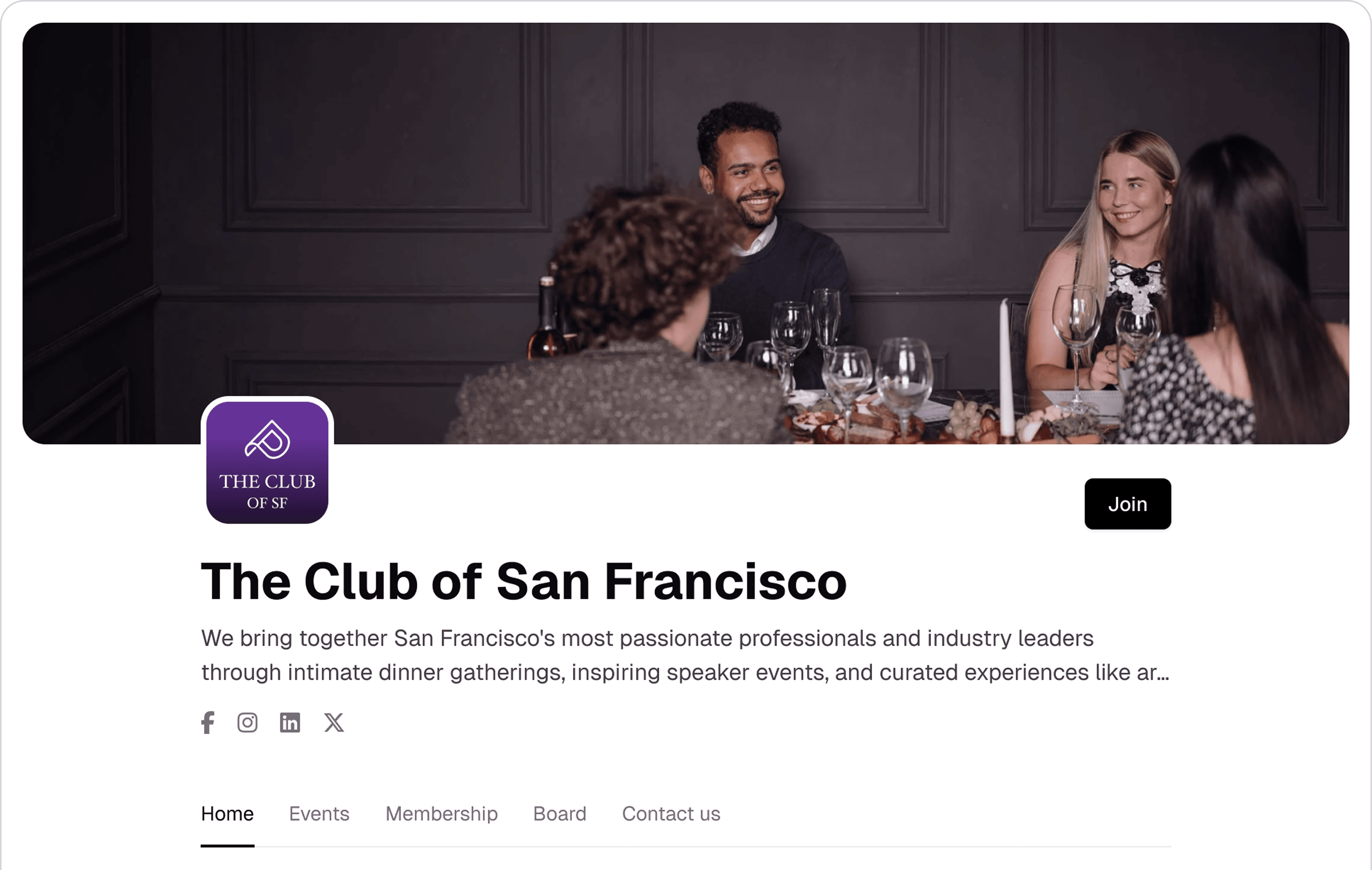 The Club of SF - Home Screen Mockup