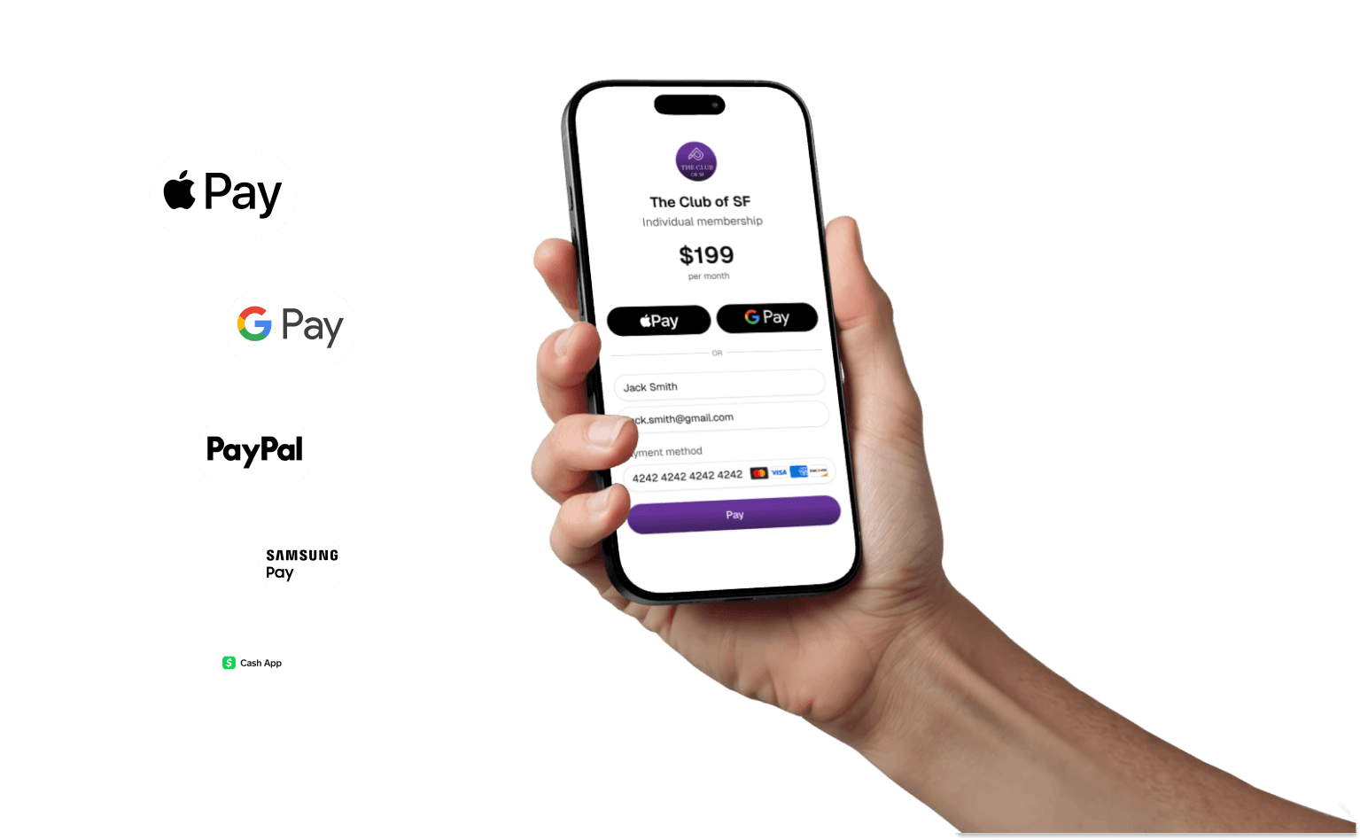 Mobile payment checkout for club membership with Apple Pay, Google Pay, and card options
