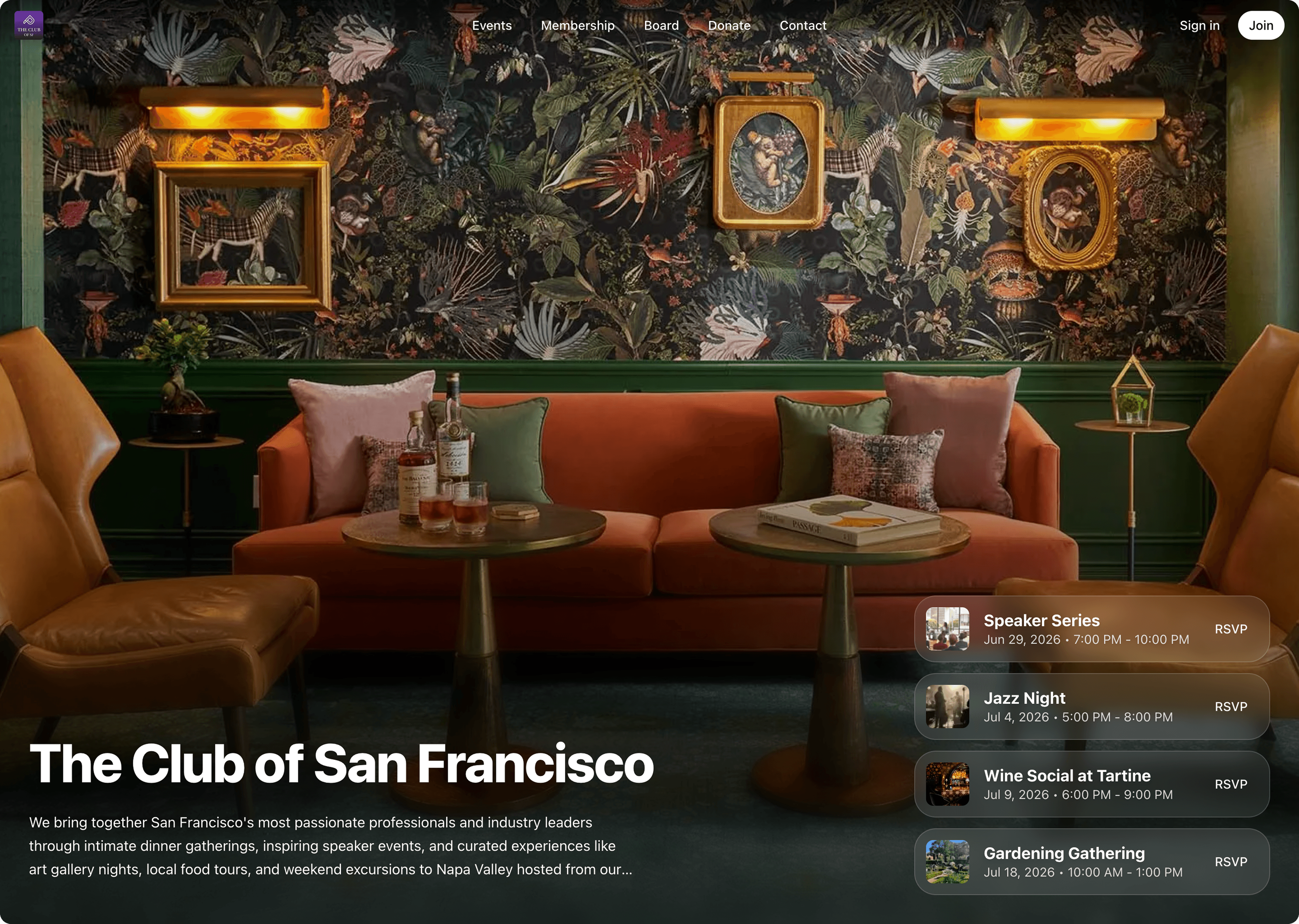 Club website homepage with hero image, navigation, and upcoming events