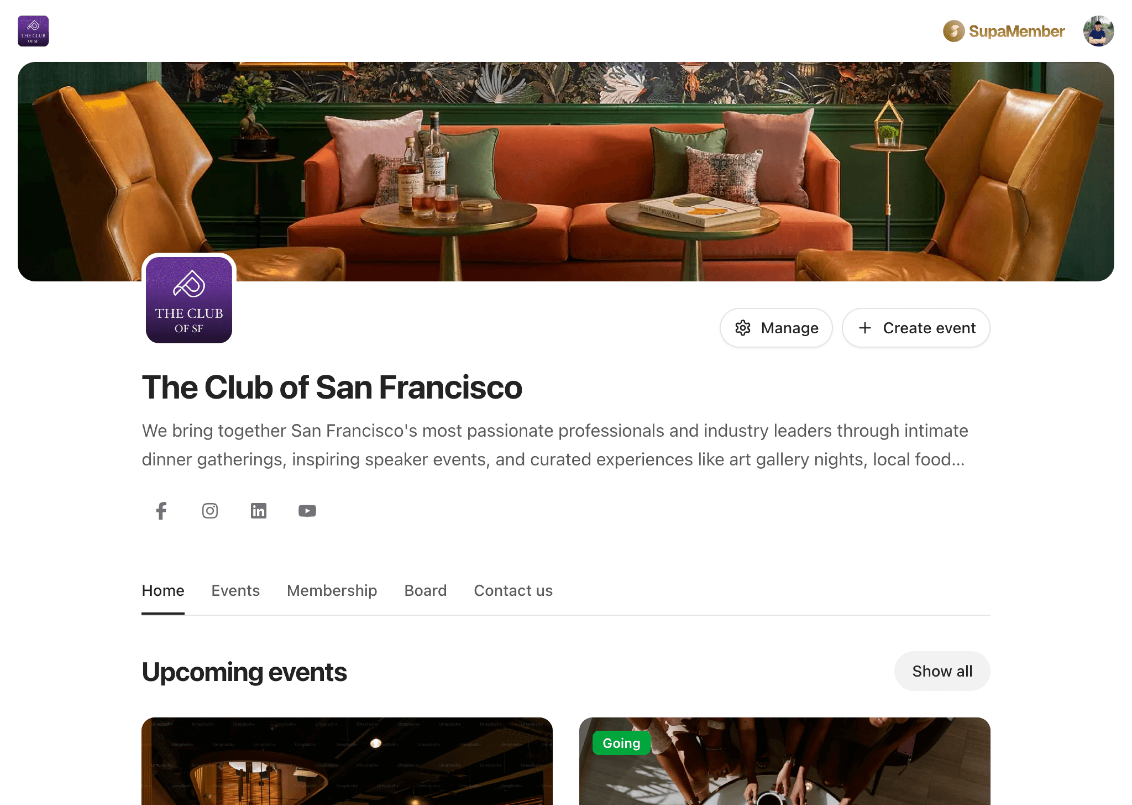 SupaClub membership management platform dashboard showing events, members, and analytics